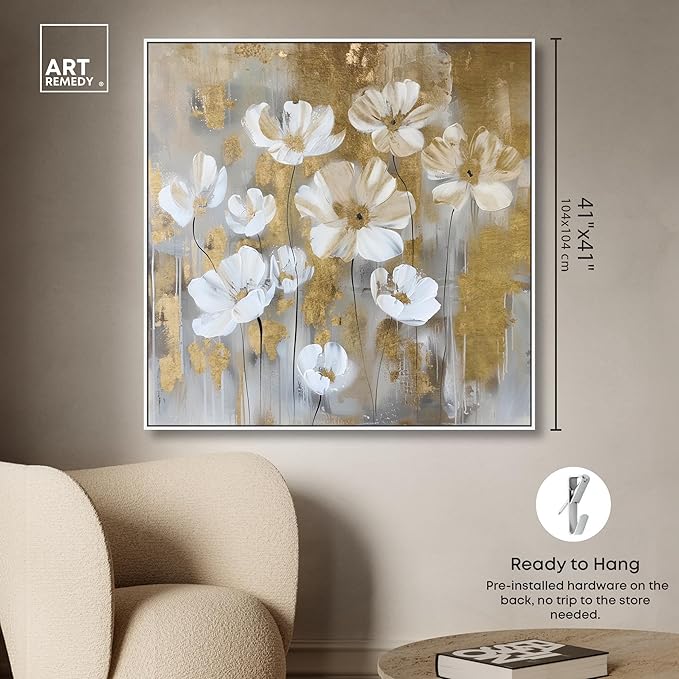 Art Remedy Golden Daisies Canvas Elegant White Gold Wall Art, White Frame, 40" x 40"
