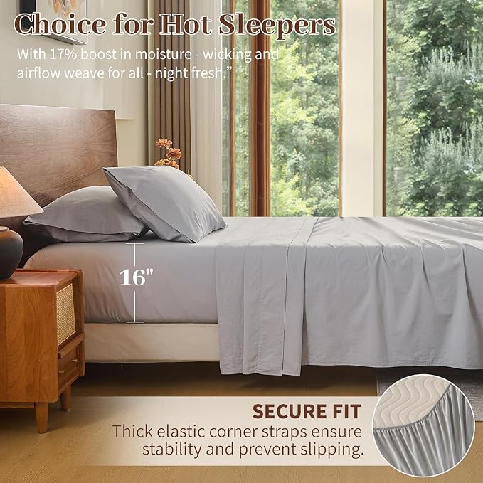 MEISHANG 100% French Pure Linen Sheets Queen Size - Bed Sheets 4 Piece Sets, Soft Durable Flax Linen, Anti-Tear Breathable Oeko-Tex Certified with 16" Deep Pocket (Silver Grey)