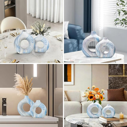 Blue Vases Set of 2, Boho Donut Vase for Table Centerpiece, Modern Hollow Vases Ceramic Decoration for Living Room, Nordic Home Decor for Coffee Table Shelf
