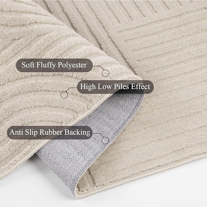 SHACOS Soft Cozy Fluffy Arch Pattern High Low Pile Area Rugs 3'x5' Non Slip Washable Scandinavian Minimalist Rug Modern Geometric Arc Carpet for Living Room Bedroom Dining Room, Beige