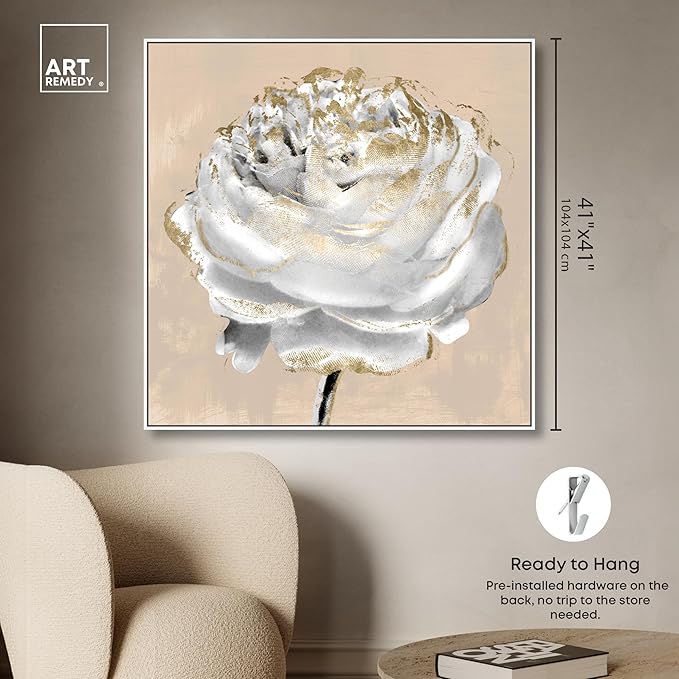 Art Remedy Beige Ranunculus Canvas Elegant White Gold Wall Art, White Frame, 40" x 40"
