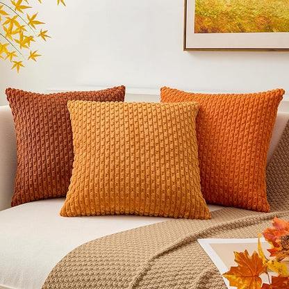 Kevin Textile Pack of 2 Corduroy Decorative Throw Pillow Covers 24x24 Inch Soft Boho Striped Pillow Covers Modern Farmhouse Home Decor for Spring Sofa Living Room Couch Bed Orange