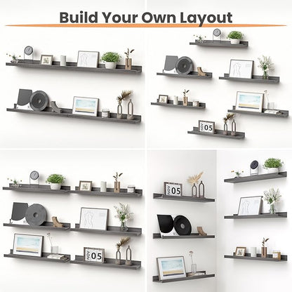 upsimples Floating Shelves for Wall, 23.6 Inch Shelves for Decor Storage Set of 6, Wall Mounted Wood Shelf for Bedroom, Living Room, Bathroom, Kitchen, Long Picture Ledge Shelves, Grey