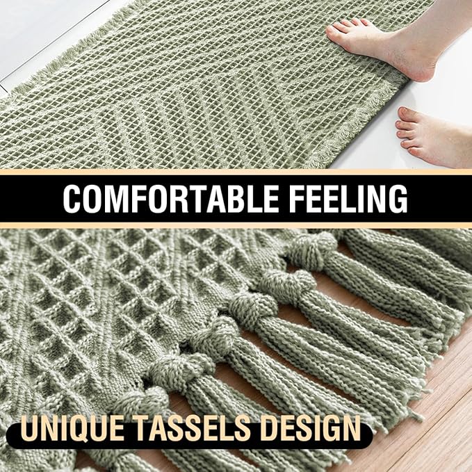 H.VERSAILTEX Waffle Bath Mat Super Absorbent Boho Bath Mat Non Slip Bath Rugs for Bathroom Floor Machine Washable Dry Fast Bathroom Rugs with Handmade Tassels, 24" x 36", Sage