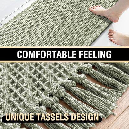 H.VERSAILTEX Waffle Bath Runner Rug Long Bath Mat Super Absorbent Boho Bath Rugs Non Slip Bath Runner for Bathroom Floor Machine Washable Dry Fast Bathroom Rugs with Tassels, 24" x 72", Sage