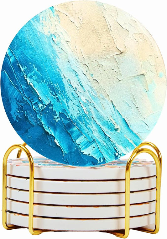 Blue Ceramic Absorbent Coasters Set of 6 with Holder, Marble Drink Coasters for Coffee Table, Water Absorbing Coaster (Waves)