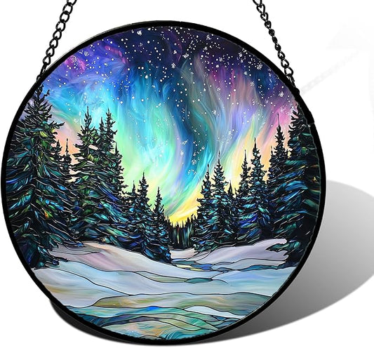 DASTOLL Stained Glass Window Hanging, Aurora Landscape Sun Catchers Glass Panel Green Trees Suncatcher Decor for Birthday for Women, Men, Wife, Aunt, and Mom 11.8x11.8 in