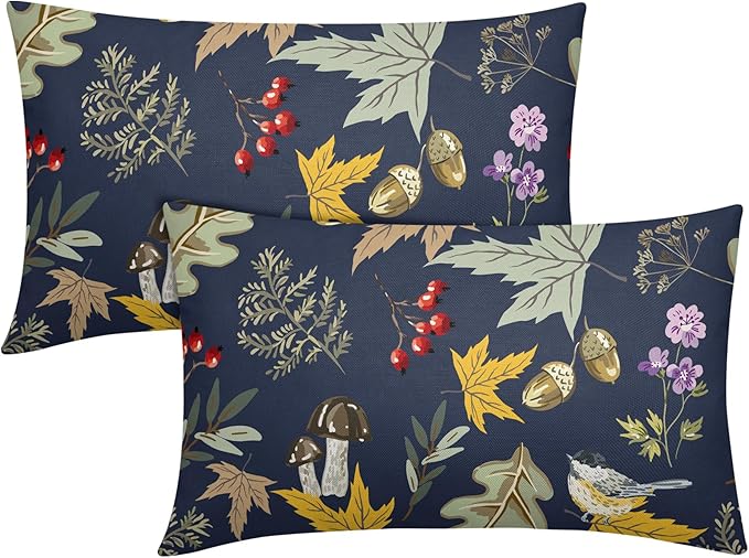 Bird Fall Lumbar Pillow Covers 12x20 Set of 2 Navy Autumn Leaf Animal Print Pillow Cases Mushroom Acorns Outdoor Decorative Holiday Cushion Cover Rustic Decoration Farmhouse Home Sofa Couch Bed Decor