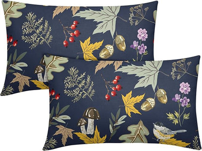 Bird Fall Lumbar Pillow Covers 12x20 Set of 2 Navy Autumn Leaf Animal Print Pillow Cases Mushroom Acorns Outdoor Decorative Holiday Cushion Cover Rustic Decoration Farmhouse Home Sofa Couch Bed Decor