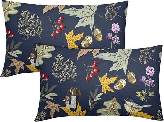 Bird Fall Lumbar Pillow Covers 12x20 Set of 2 Navy Autumn Leaf Animal Print Pillow Cases Mushroom Acorns Outdoor Decorative Holiday Cushion Cover Rustic Decoration Farmhouse Home Sofa Couch Bed Decor