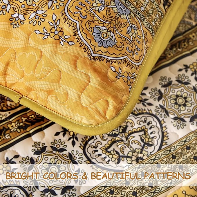 WONGS BEDDING Boho Quilt Set Full Size (90"x78"), Yellow Orange Bohemian Bedspread Lightweight Soft Microfiber Bed Cover for All Season (3 Pieces)