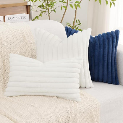 decorUhome Faux Fur Spring Throw Pillow Covers 12x20 Set of 2, Decorative Soft Plush Striped Lumbar Neutral Couch Pillow Covers with Velvet Back for Sofa, Bed, Living Room Home, White