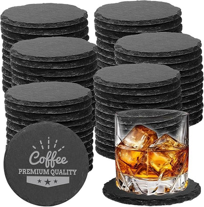 72 PCS Black Natural Slate Coasters Bulk Set 4 Inch Laser Engraving Blanks with Anti Scratch Bottoms for Home, Office, Bar, Gifts Round