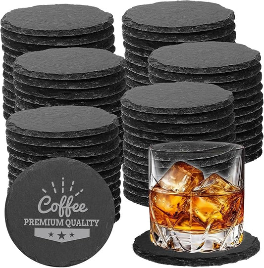 72 PCS Black Natural Slate Coasters Bulk Set 4 Inch Laser Engraving Blanks with Anti Scratch Bottoms for Home, Office, Bar, Gifts Round