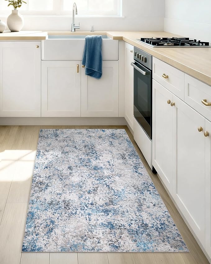 Modern Abstract Washable Area Rugs - 3x5 Contemporary Soft Mat Stain Resistant Non Slip Low Pile Indoor Throw Rug for Bedroom Kitchen Office Chair Desk - Grey/Blue