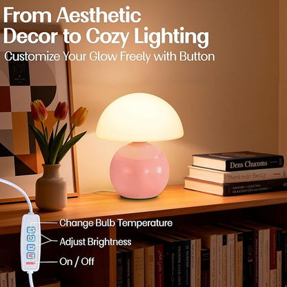 Cute Small Mushroom Lamp Decor,USB-Plug in Bedside Table Lamps with 3-Temperature LED Bulb Dimmable,Modern Aesthetic Home Decor for Livingroom/Bedroom/Dorm/Nursery (Pink with Plug)