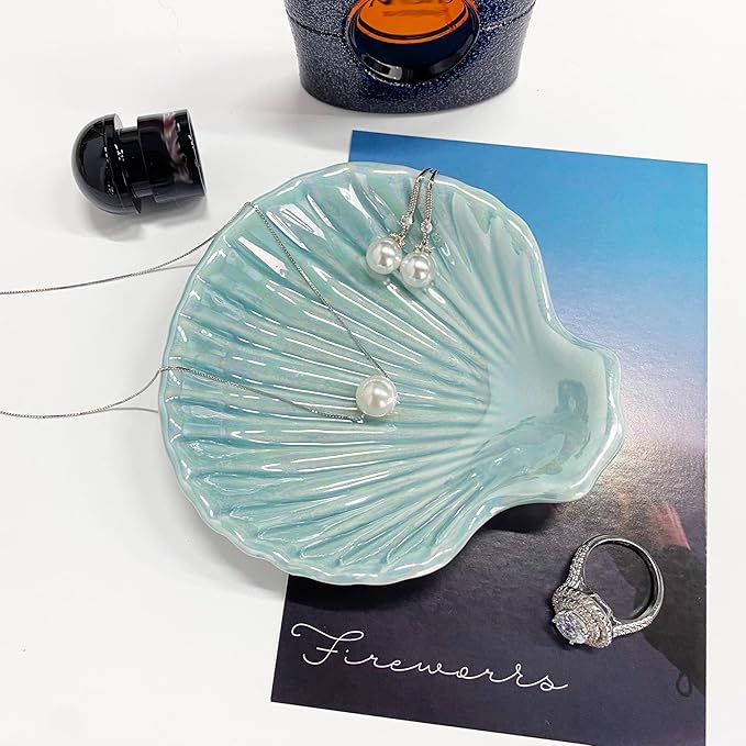 Ring Dish Shell Shape Ceramic Jewelry Dish Tray, Decorative Trinket Dish Organizing Rings Earrings Necklaces Keys for Mom Friend Sister, 3.9", Blue Iridescent Surface