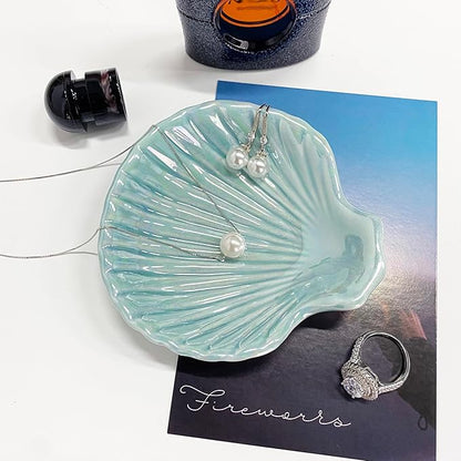 Ring Dish Shell Shape Ceramic Jewelry Dish Tray, Decorative Trinket Dish Organizing Rings Earrings Necklaces Keys for Mom Friend Sister, 3.9", Blue Iridescent Surface