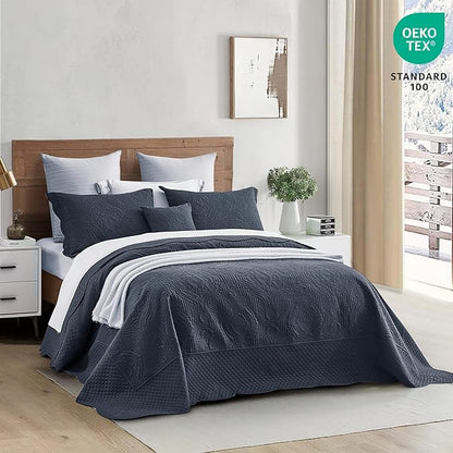 HZ & HY Oversized King Bedspread 138x122 Extra Wide, Ultrasonic Coverlet Bedding Set, Lightweight Thin Comforter, Reversible, 5 Piece, 100% Microfiber, California/Alaskan King, Navy Blue