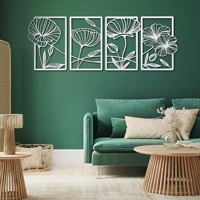 Cunno 4 Pcs Metal Wall Art 16.5 x 11.8'' Line Art Wall Decor Floral Minimalist Decor Hanging Flower Aesthetic Modern for Living Room Bedroom Bathroom Kitchen Decoration(White)