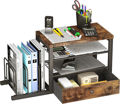 Wood Desk Organizer with Drawers, Desk File Organizer with 3 Vertical File Holders, File Shelf,Storage for Mail, Supplies,Classroom Organization