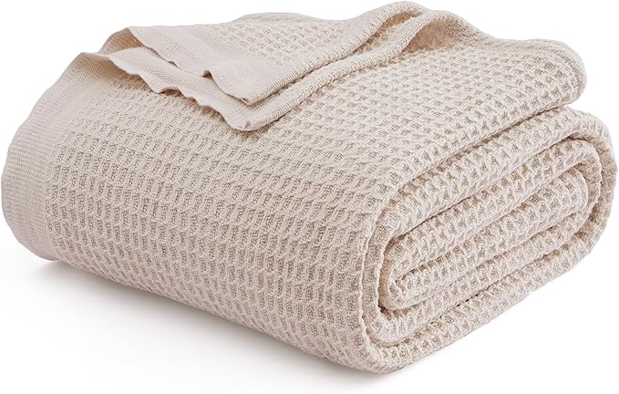Bedsure Gentlesoft 100% Cotton Blanket Queen Size for Bed - Breathable and Soft, Thick Cozy Waffle Weave Christmas Blanket Gift for Women, Begie, 90x90 Inches