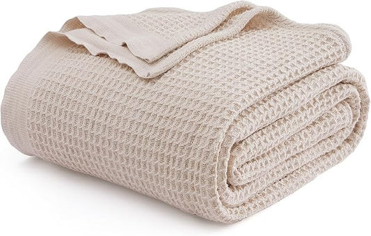 Bedsure Gentlesoft 100% Cotton Blanket Queen Size for Bed - Breathable and Soft, Thick Cozy Waffle Weave Christmas Blanket Gift for Women, Begie, 90x90 Inches