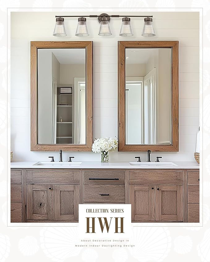 5-Light Bathroom Vanity Light, HWH Farmhouse Vanity Lights for Bathroom Vanity Lamp Oil Rubbed Bronze, Vanity Sconce with Clear Striped Glass, 5HZG97B-5W ORB