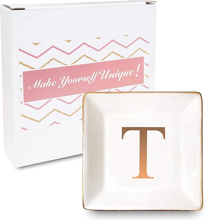ANOTION Jewelry Tray Ring Dish with Ini-tial Gift- Personalized Trinket Dish and Jewelry Dish with Gold Initials Key Bowl Ceramic Holder, Unique Wedding or Engagement Present