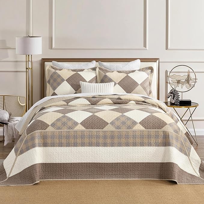 Oversized King Bedspread Quilt 128" x 120" Extra Wide, 100% Cotton Lightweight Quilted Bed Spreads Coverlet Set Farmhouse Bedding Cover, 3 Piece, Brown/Beige/Khaki