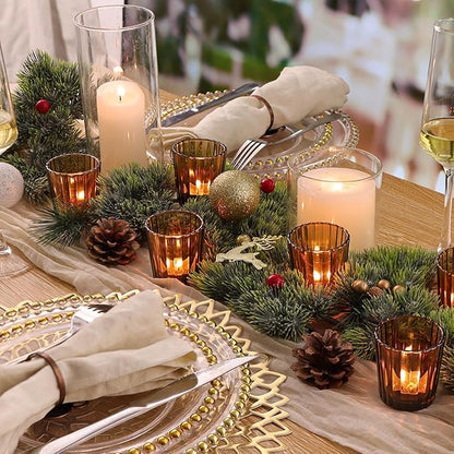 24pcs Vintage Ribbed Amber Votive Candle Holders, Fall Centerpieces for Tables, Tealight Candle Holder for Thanksgiving, Wedding Decor, Boho Home Decor and Christmas Decor