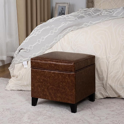 Adeco 17" Storage Ottoman Foot Rest Stool, Dark Brown Leather Ottoman with Black Solid Wood Legs and Hinged Lid, Small Foot Stool for Living Room, Bedroom