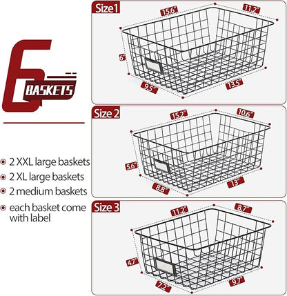 6 Pack Wire Baskets for Pantry Organization and Storage, Kitchen Organizer, 2 XXLarge & 2 XLarge & 2 Large