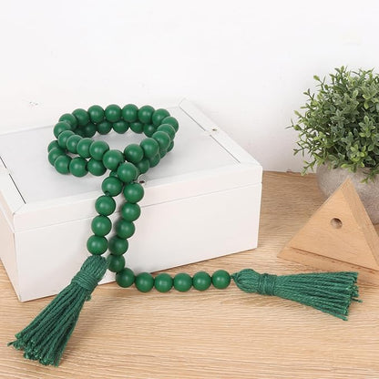 St Patrick's Day Wood Beads Garland with Tassels Farmhouse Beads Rustic Prayer Beads Boho Beads for Boho Home Decor,Wall Hanging Decoration (Deep Green)