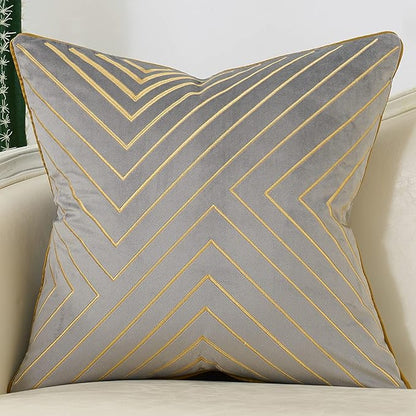 Avigers 20 x 20 Inch Grey Gold Striped Geometric Lines Embroidery Velvet Cushion Case Luxury Modern Throw Pillow Cover Decorative Pillow for Couch Living Room Bedroom Car 50 x 50cm