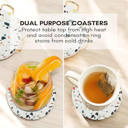 Terrazzo Drink Absorbent Coasters with Holder Set of 6, Ceramic Coaster for Drinks, Coffee Table Decor, Water Absorbing Stone Coaster for Drinks (Mosaic)