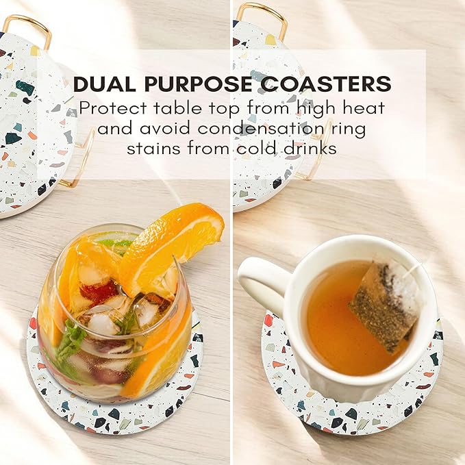 Absorbent Coaster Set of 6 with Holder, Drink Coasters for Coffee Table, Kitchen, Home Decor, Cute Ceramic Round Coasters, Alternative to Silicone, Cork or Glass Coaster (Mosaic with Black Holder)