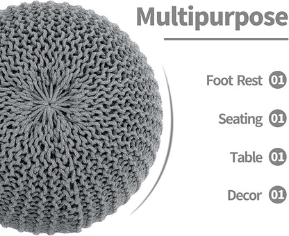 HOMBYS Unstuffed Ottoman Pouf Cover, 100% Cotton Handmade Knitted Ottoman Pouf Cover Round Foot Stool, Floor Bean Bag Chair, Foot Rest Storage for Living Room Bedroom, Light Grey(Cover ONLY NO Filler)