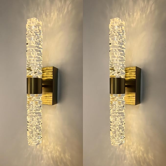 Battery Powered Crystal Wall Lights Set of 2 Rechargeable with Remote and Timmer | Small Gold Crystal Rod Wall Sconces Decor Vanity Lights for Bathroom Living Room Bedroom (2 Pack, Gold, 13.2'')