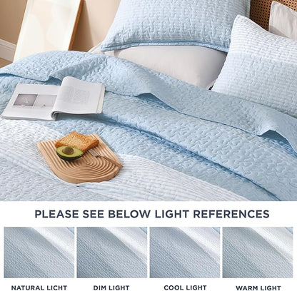 Litanika Quilt Queen Size Pale Blue, Stripe Patchwork Summer Bedspread Coverlet 3 Pieces, Soft Lightweight Microfiber Quilted Bedding Set for All Season(1 Quilt, 2 Pillowcases)