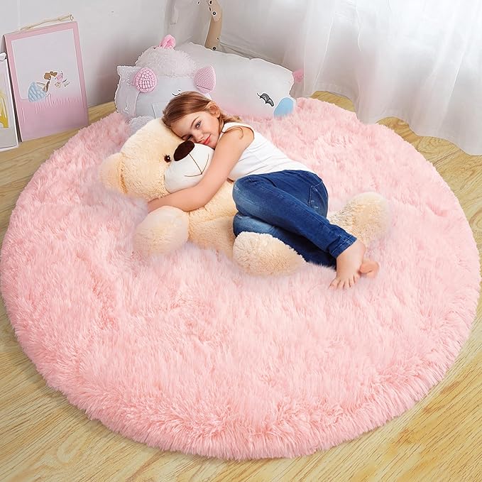Round Fluffy Rugs 4Ft for Girls Bedroom, Pink Shag Circle Kids Rug Non-Slip for Bedside Dorm Nursery Playroom, Soft Cute Area Rugs for Living Room Decor