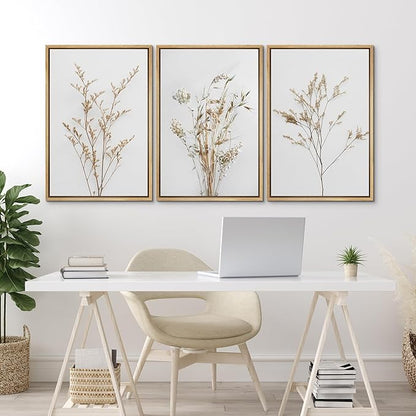 MUDECOR Framed Canvas Print Wall Art Wildflower Floral Botanical Prints Minimalist Wall Art Modern Farmhouse for Bedroom - 16"x24"x3 Natural