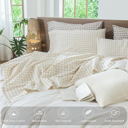 MooMee Gingham Sheet Set 100% Washed Cotton Linen Like Textured Breathable Soft w/Fully Elasticized 16-19" Deep Pocket (Classic Gingham Almond Milk Grey, King)