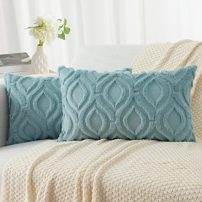 decorUhome Spring Throw Pillow Covers 12x20 Inch Set of 2, Soft Plush Faux Wool Aqua Solid Couch Pillow Covers, Accent Farmhouse Neutral Square Pillow Cases for Sofa Bed Living Room