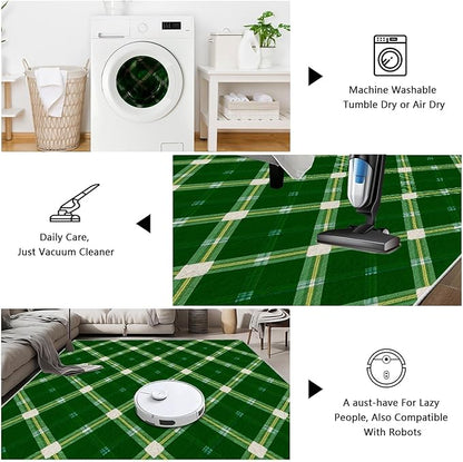 Plaid Rug - 4x5 Rug for Living Room, Geometric Stripes Soft Neutral Indoor Floor Carpet, Non-Slip Stain Resistant Modern Washable Rugs for Bedroom, Green Area Rugs