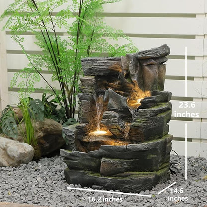 5-Tier Cascading Rock Water Fountain Outdoor - 23.6”H Indoor/Outdoor Modern Floor Standing Water Fountain Garden, Patio, Backyard, Deck, Porch and Home Art Decor