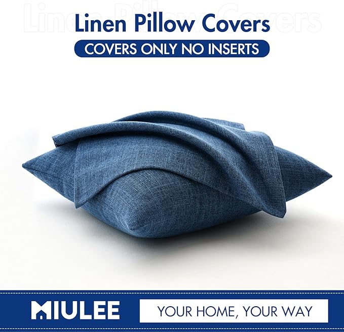 MIULEE 24x24 Inch Euro Linen Burlap Pillow Covers, Set of 2 Large Square Farmhouse Boho Decorative Pillows - Blue Home Decor for King Bed, Sofa, Couch, Bedroom,Livingroom
