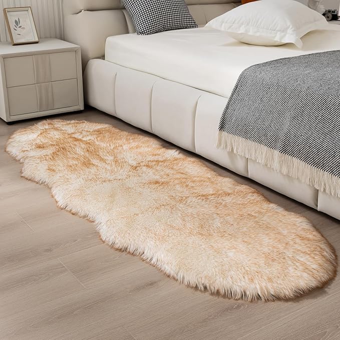 Faux Fur Rug Runner 2x6 ft White Yellow - Machine Washable Super Soft Plush Shaggy Fluffy Area Carpet,Sheepskin Rug Fuzzy Floor Mat for Bedroom, Sofa,Living Room, Bedside, Nursery & Kids Room