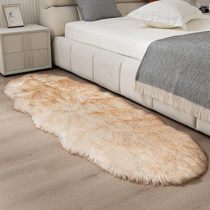 Faux Fur Rug Runner 2x6 ft White Yellow - Machine Washable Super Soft Plush Shaggy Fluffy Area Carpet,Sheepskin Rug Fuzzy Floor Mat for Bedroom, Sofa,Living Room, Bedside, Nursery & Kids Room