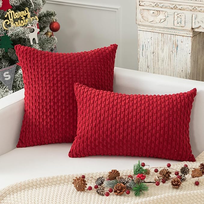 Kevin Textile Christmas Pillow Covers Pack of 2 Cushion Covers for Bedroom 20x20 Inch Burgundy Soft Corduroy Throw Pillow Cover with Stripes Machine Washable Pillowcase for Bedroom
